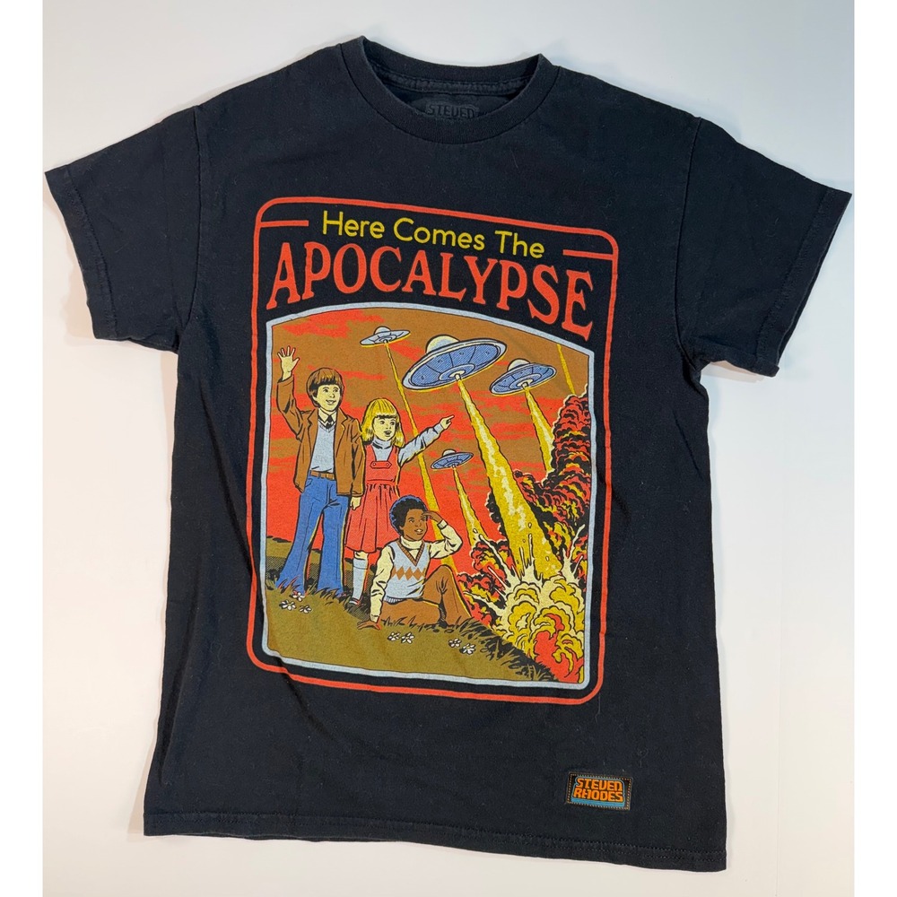 Steven Rhodes Here Comes The Apocalypse Graphic Tee Black Small UFO Retro Art